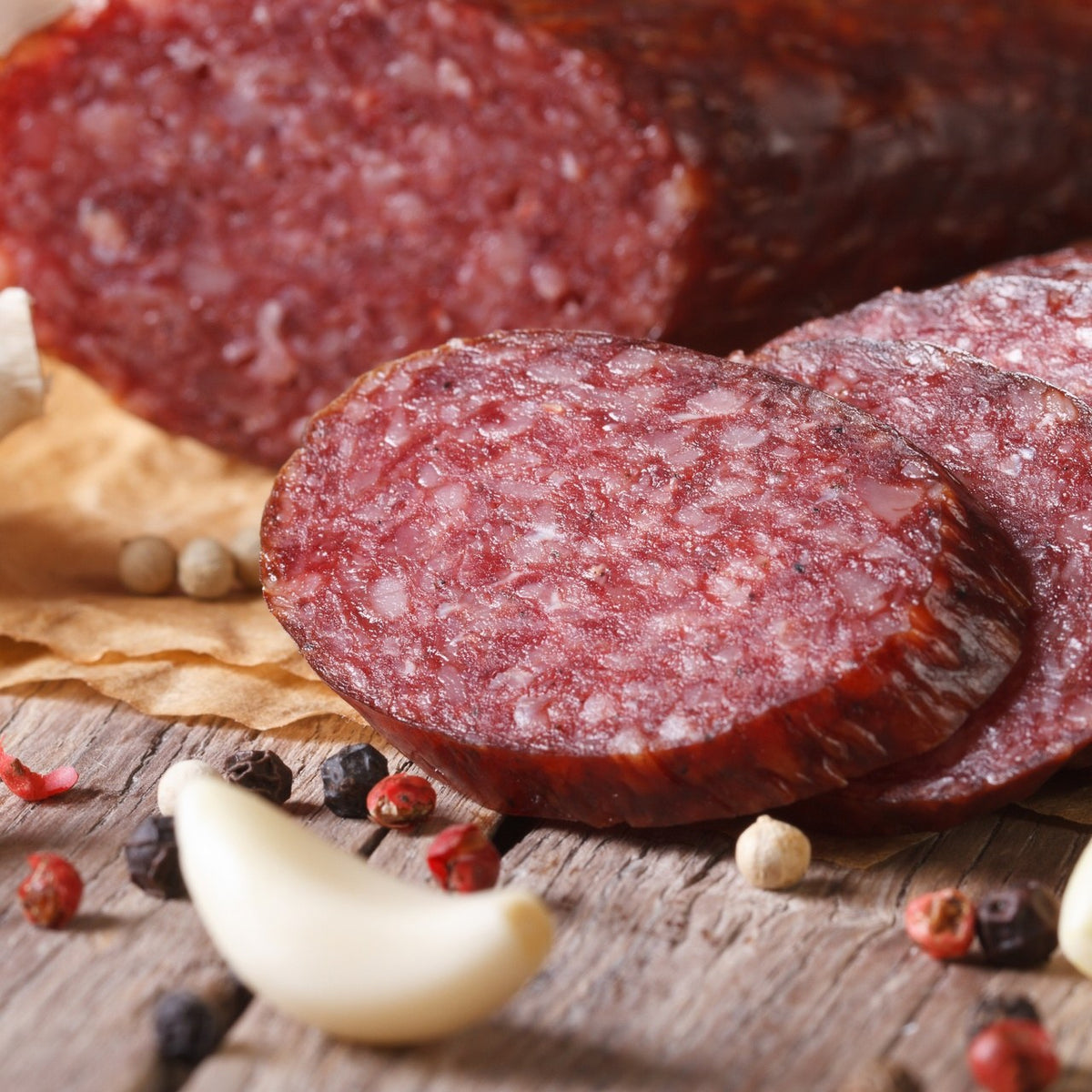 Pastured pork summer sausage, sliced — SK Prime Pastures, Grapeland TX
